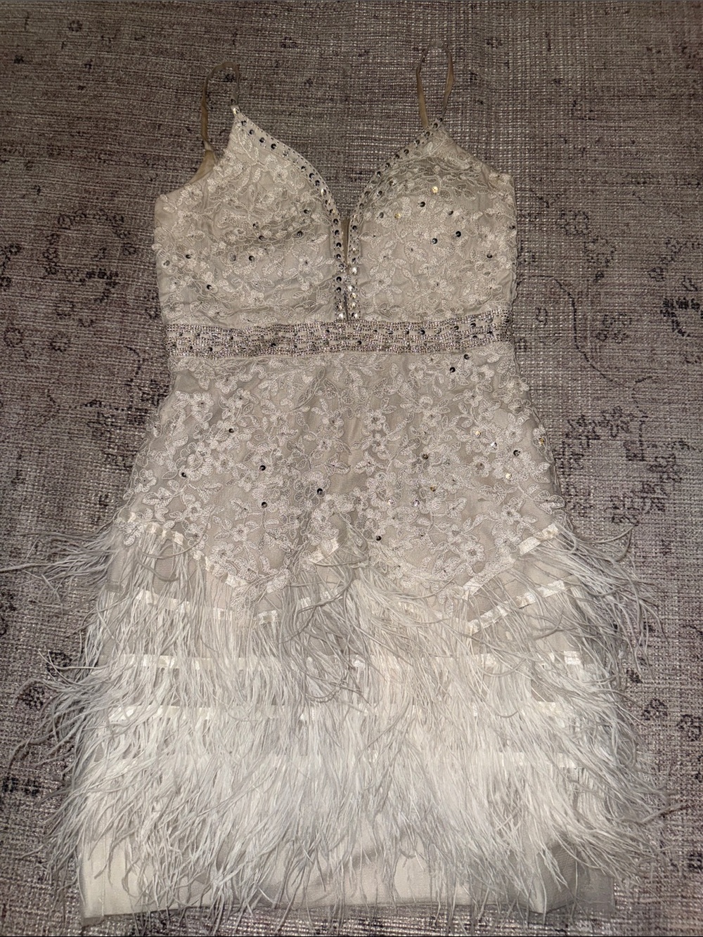 Custom Ivory Embellished Lace & Feather Mini Dress - Picture 4 of 11